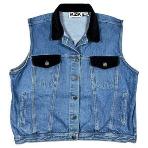 90s KZK Denim Trucker Vest Black Velvet Collar Pockets Women’s Large Grunge